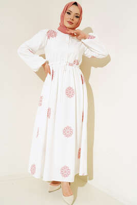 Çiçek Nakış İşlemeli Elbise Pudra - Thumbnail