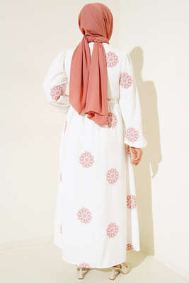 Çiçek Nakış İşlemeli Elbise Pudra - Thumbnail