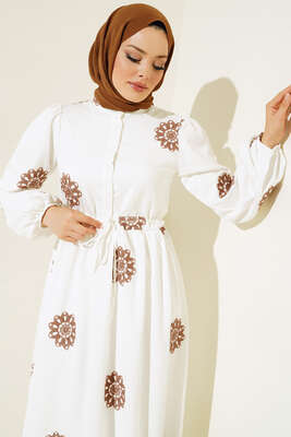 Çiçek Nakış İşlemeli Elbise Kahve - Thumbnail