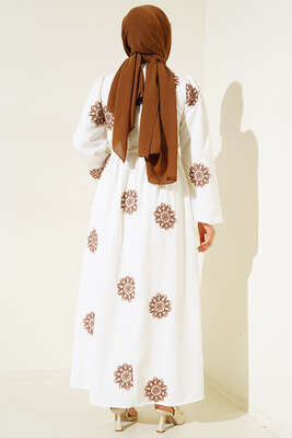 Çiçek Nakış İşlemeli Elbise Kahve - Thumbnail