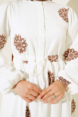 Çiçek Nakış İşlemeli Elbise Kahve - Thumbnail