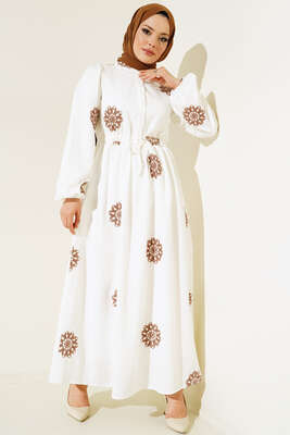 Çiçek Nakış İşlemeli Elbise Kahve - Thumbnail