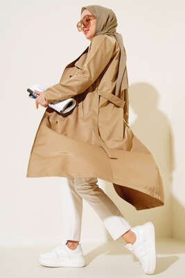 Sekiz Düğmeli Kuşaklı Trençkot Vizon - Thumbnail