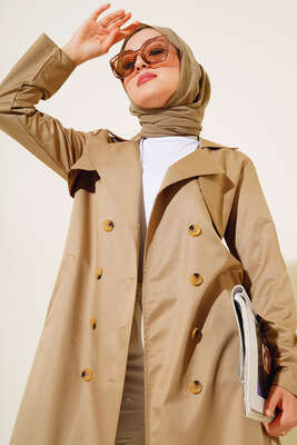 Sekiz Düğmeli Kuşaklı Trençkot Vizon - Thumbnail