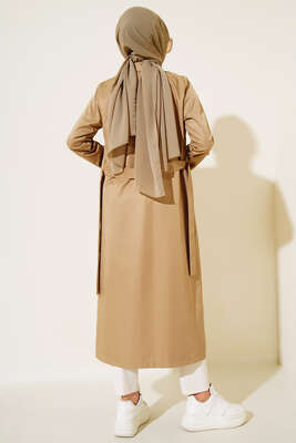 Sekiz Düğmeli Kuşaklı Trençkot Vizon - Thumbnail