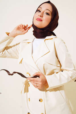 Sekiz Düğmeli Kuşaklı Trençkot Krem - Thumbnail