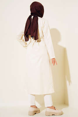 Sekiz Düğmeli Kuşaklı Trençkot Krem - Thumbnail