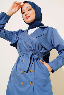 Sekiz Düğmeli Kuşaklı Trençkot İndigo - Thumbnail