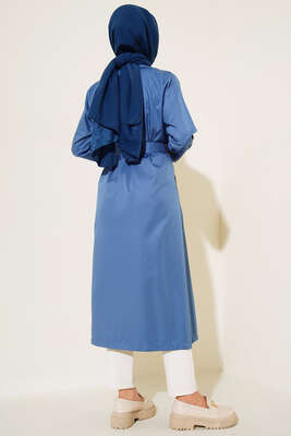 Sekiz Düğmeli Kuşaklı Trençkot İndigo - Thumbnail