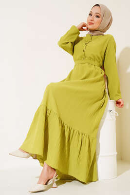 Düğmeli Yarı Patlı Kuşaklı Elbise Yağ Yeşil - Thumbnail