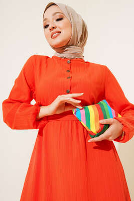 Düğmeli Yarı Patlı Kuşaklı Elbise Oranj - Thumbnail