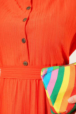 Düğmeli Yarı Patlı Kuşaklı Elbise Oranj - Thumbnail