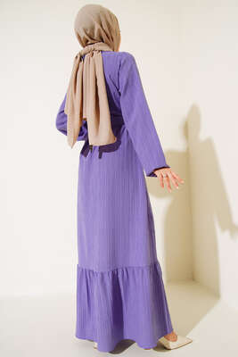 Düğmeli Yarı Patlı Kuşaklı Elbise Lila - Thumbnail
