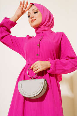 Düğmeli Yarı Patlı Kuşaklı Elbise Fuşya - Thumbnail