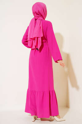 Düğmeli Yarı Patlı Kuşaklı Elbise Fuşya - Thumbnail