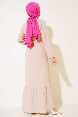 Düğmeli Yarı Patlı Kuşaklı Elbise Bej - Thumbnail