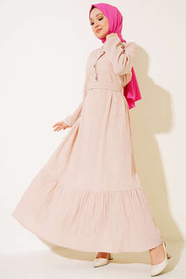 Düğmeli Yarı Patlı Kuşaklı Elbise Bej - Thumbnail