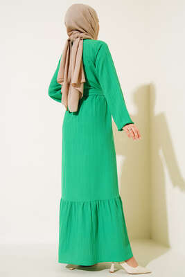 Düğmeli Yarı Patlı Kuşaklı Elbise Yeşil - Thumbnail
