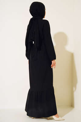 Düğmeli Yarı Patlı Kuşaklı Elbise Siyah - Thumbnail