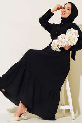 Düğmeli Yarı Patlı Kuşaklı Elbise Siyah - Thumbnail