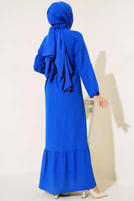 Düğmeli Yarı Patlı Kuşaklı Elbise Saks - Thumbnail