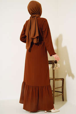 Düğmeli Yarı Patlı Kuşaklı Elbise Kahve - Thumbnail