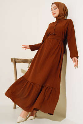 Düğmeli Yarı Patlı Kuşaklı Elbise Kahve - Thumbnail
