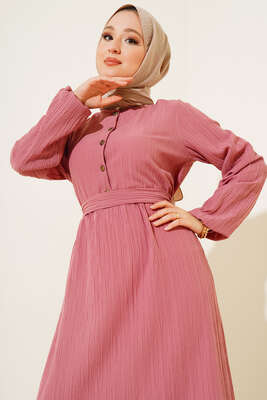 Düğmeli Yarı Patlı Kuşaklı Elbise Gül Kurusu - Thumbnail