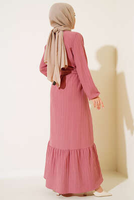 Düğmeli Yarı Patlı Kuşaklı Elbise Gül Kurusu - Thumbnail