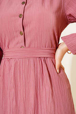 Düğmeli Yarı Patlı Kuşaklı Elbise Gül Kurusu - Thumbnail