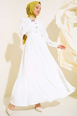 Düğmeli Yarı Patlı Kuşaklı Elbise Beyaz - Thumbnail
