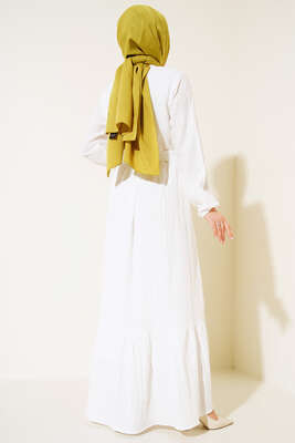 Düğmeli Yarı Patlı Kuşaklı Elbise Beyaz - Thumbnail