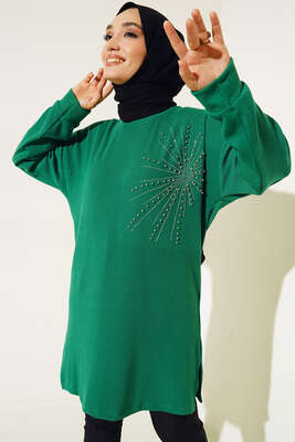 Pazarium - Parlak Taşlı İnce Fitilli Tunik Yeşil