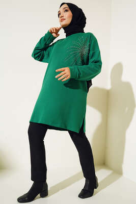 Parlak Taşlı İnce Fitilli Tunik Yeşil - Thumbnail