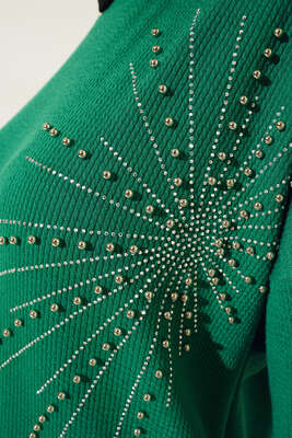 Parlak Taşlı İnce Fitilli Tunik Yeşil - Thumbnail