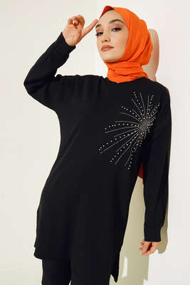 Parlak Taşlı İnce Fitilli Tunik Siyah - Thumbnail