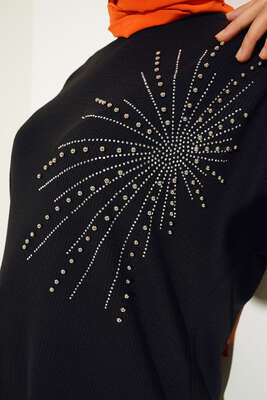 Parlak Taşlı İnce Fitilli Tunik Siyah - Thumbnail