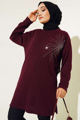 Parlak Taşlı İnce Fitilli Tunik Mürdüm - Thumbnail