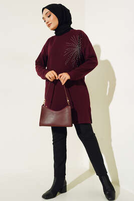 Parlak Taşlı İnce Fitilli Tunik Mürdüm - Thumbnail