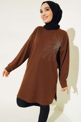 Parlak Taşlı İnce Fitilli Tunik Kahve - Thumbnail