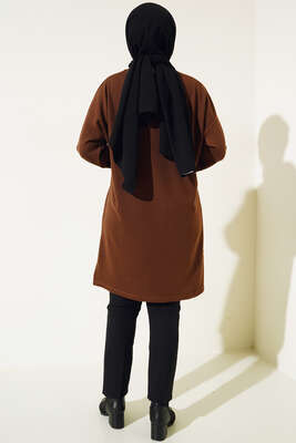 Parlak Taşlı İnce Fitilli Tunik Kahve - Thumbnail