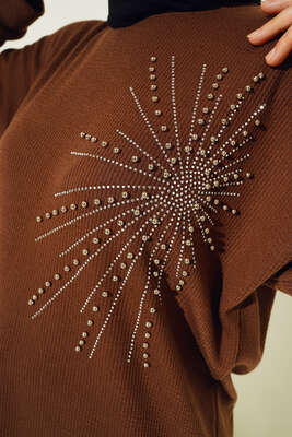 Parlak Taşlı İnce Fitilli Tunik Kahve - Thumbnail