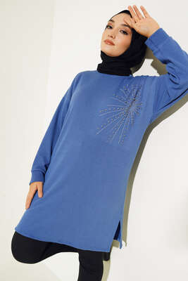 Parlak Taşlı İnce Fitilli Tunik İndigo - Thumbnail