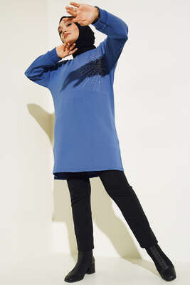 Parlak Taşlı İnce Fitilli Tunik İndigo - Thumbnail