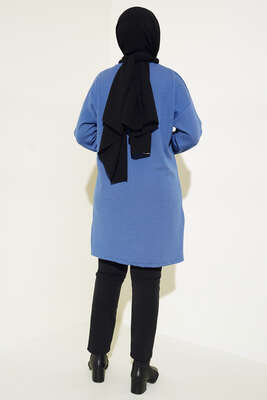 Parlak Taşlı İnce Fitilli Tunik İndigo - Thumbnail