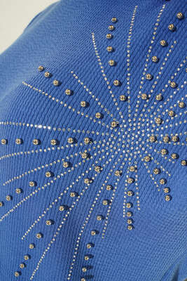 Parlak Taşlı İnce Fitilli Tunik İndigo - Thumbnail