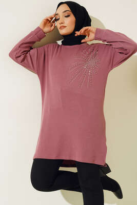 Parlak Taşlı İnce Fitilli Tunik Gül Kurusu - Thumbnail