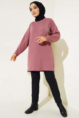 Parlak Taşlı İnce Fitilli Tunik Gül Kurusu - Thumbnail