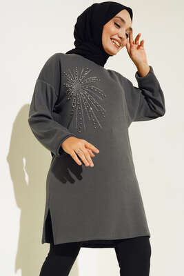 Parlak Taşlı İnce Fitilli Tunik Füme - Thumbnail