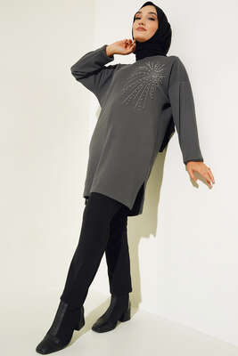 Parlak Taşlı İnce Fitilli Tunik Füme - Thumbnail